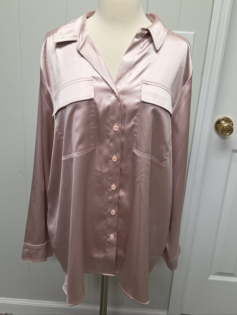 Simply Vera Wang Blush Pink Satin Button Down Blouse Long Sleeve Shirt XXL Tunic